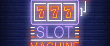 Slot machine colorful neon sign machine shape with triple seven brick wall background mjxbfi eo