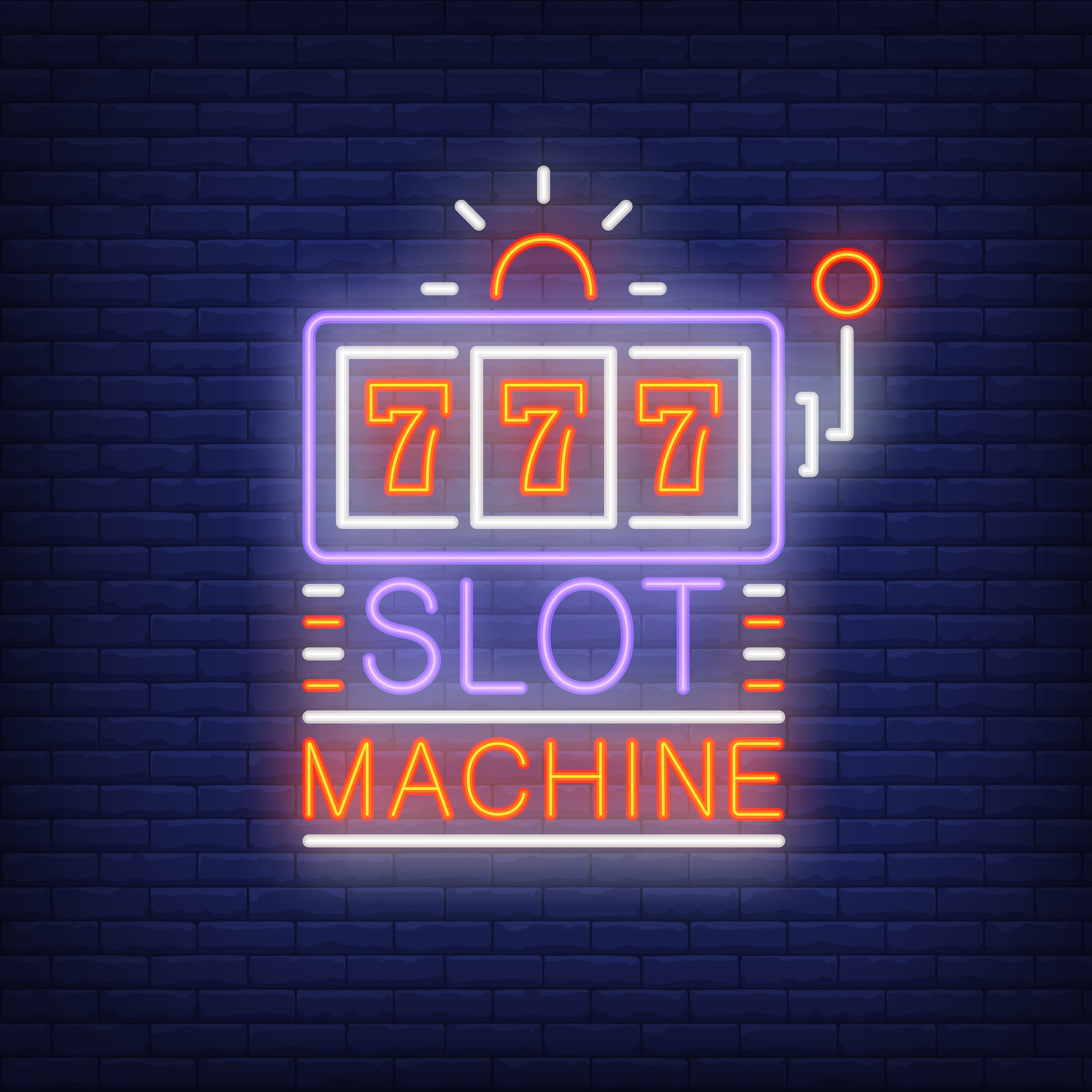 Slot machine colorful neon sign machine shape with triple seven brick wall background mjxbfi eo